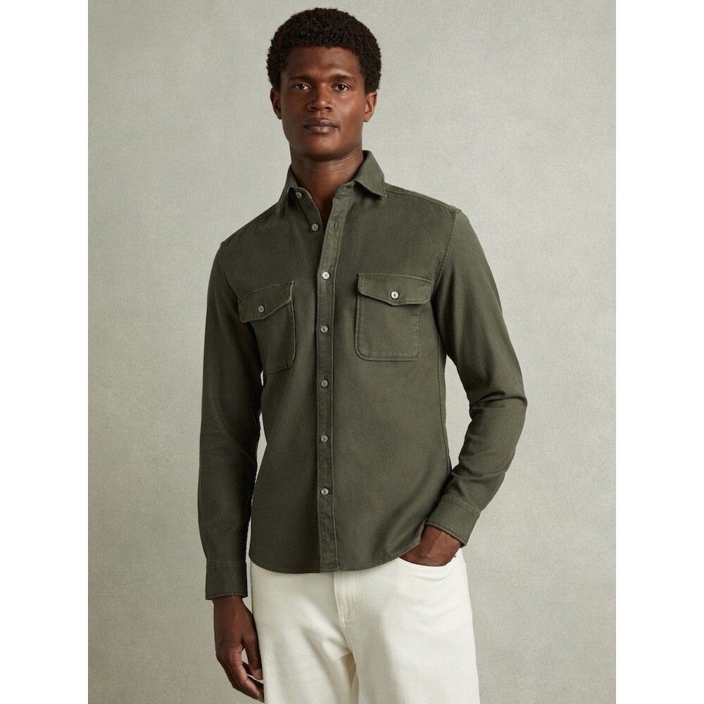 Reiss Men's Medium Overshirt Army Green Patch Pockets Long Sleeve Barrel Cuffs